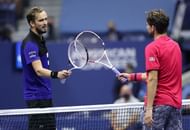 Daniil Medvedev and Dominic Thiem tap rackets after their semifinal match at the 2020 US Open